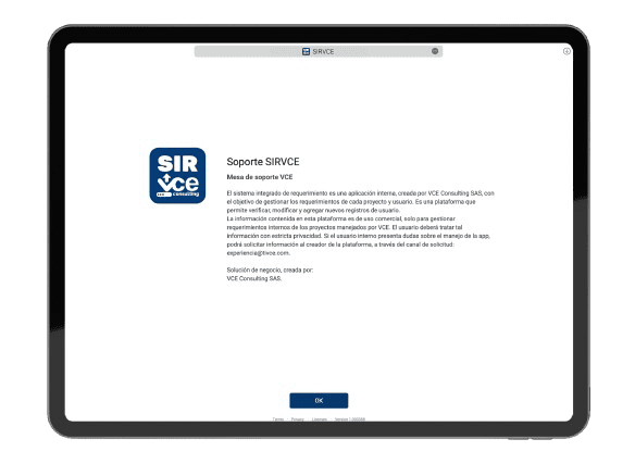Foto de tablet mostrando la interfaz de home del SIRVCE