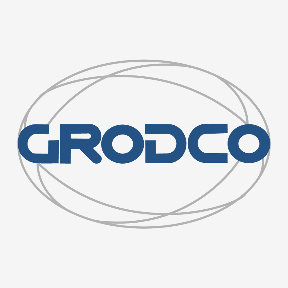 Logotipo de GRODCO en azul, rodeado por líneas grises en un fondo gris claro.