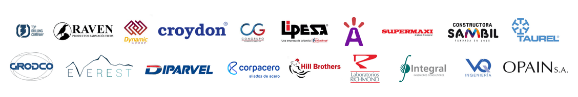 Banner horizontal de clientes de VCE: logos de Top Drilling Company, Lab Raven, Croydon, Congrupo, Lipesa, Artecola, Supermaxi, Sambil, Taurel, Grodco, Diparvel, Corpacero, Richmond, Integral, VQ Ingeniería y Opain.