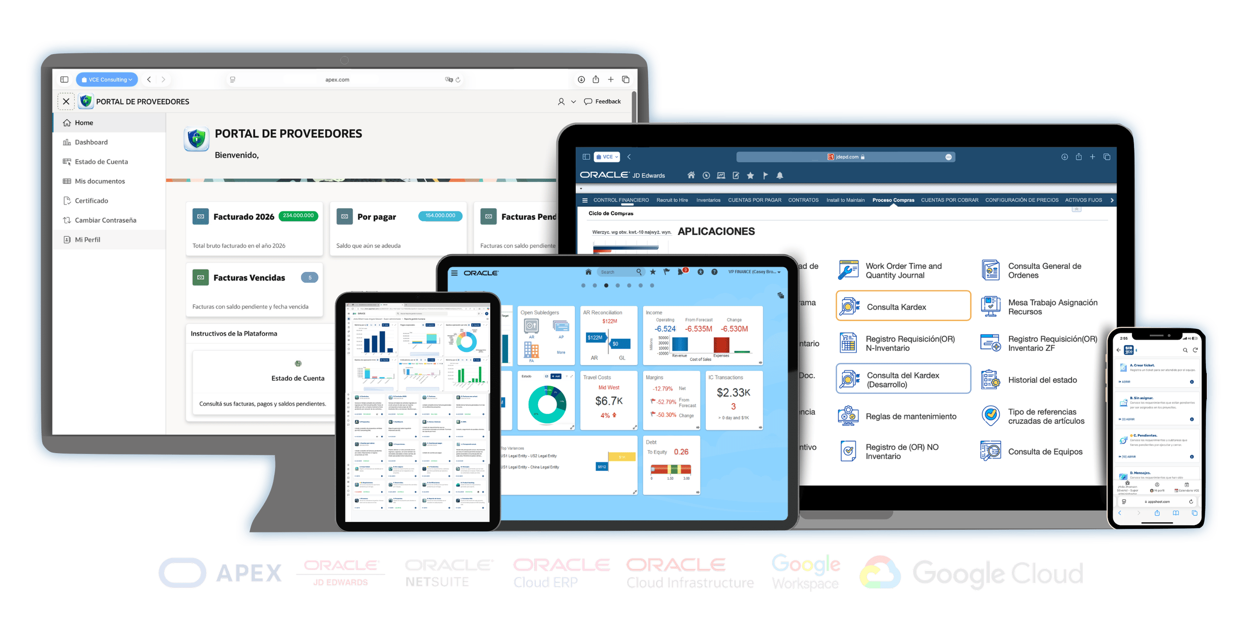 Foto de computador, tablet y smartphone mostrando diferentes sistemas ERP