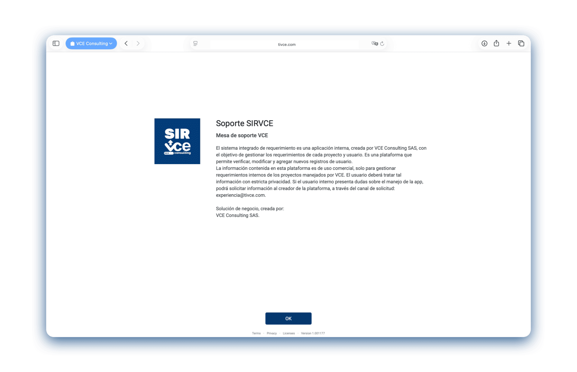 Foto del producto inicial de VCE SIRVCE versión 1.0