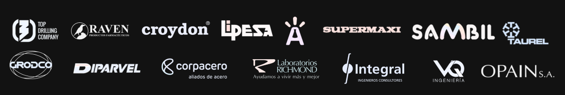 Banner horizontal de clientes de VCE: logos de Top Drilling Company, Lab Raven, Croydon, Congrupo, Lipesa, Artecola, Supermaxi, Sambil, Taurel, Grodco, Diparvel, Corpacero, Richmond, Integral, VQ Ingeniería y Opain.