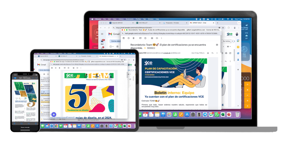Foto de computador, tablet y smartphone proyectando boletines de VCE