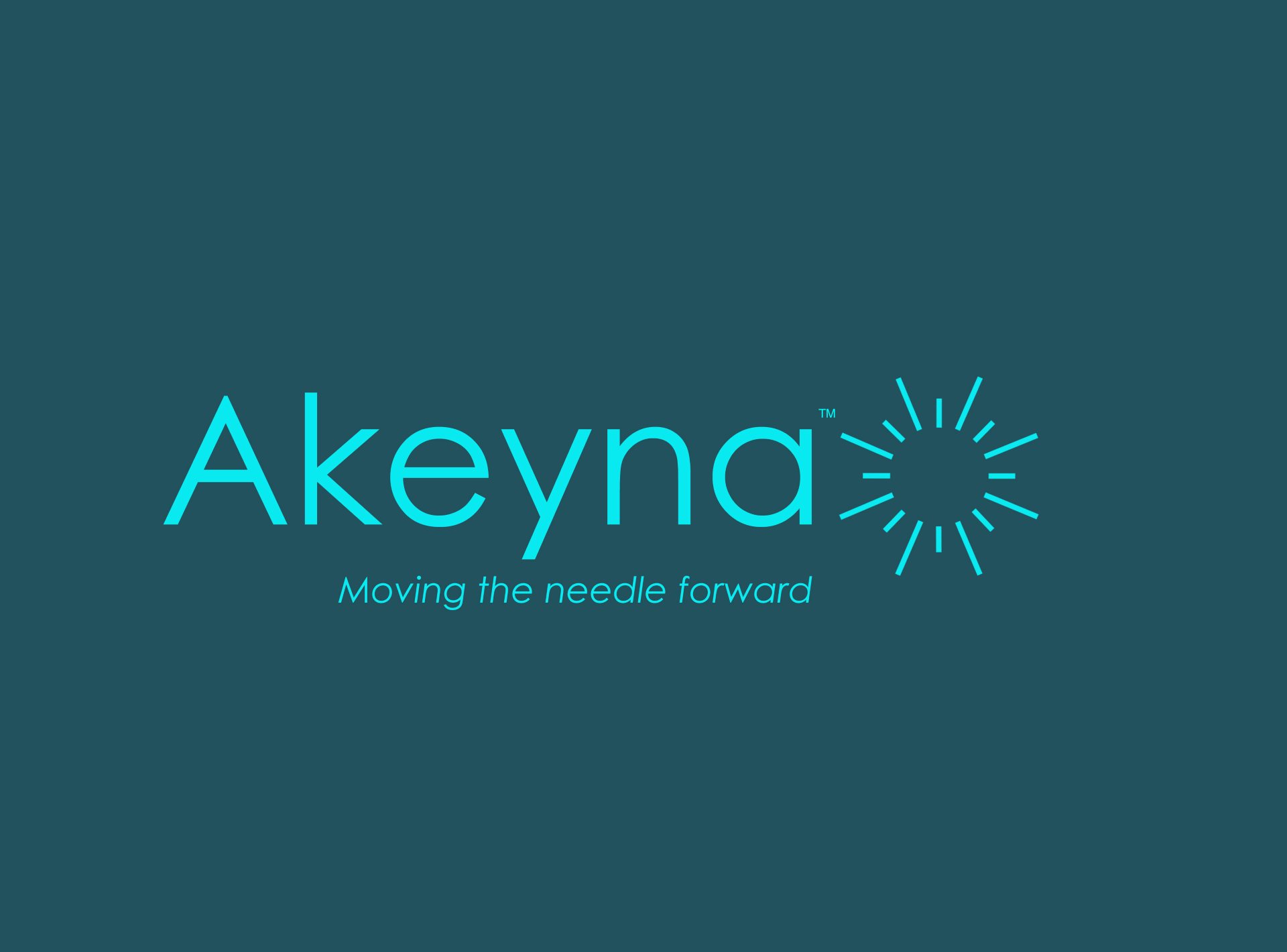 A digital graphic with a dark teal background displaying the name 'Akeyna TM' in large light blue font, with a sunburst icon next to it. Below the name, in smaller text, it says 'Moving the needle forward'.