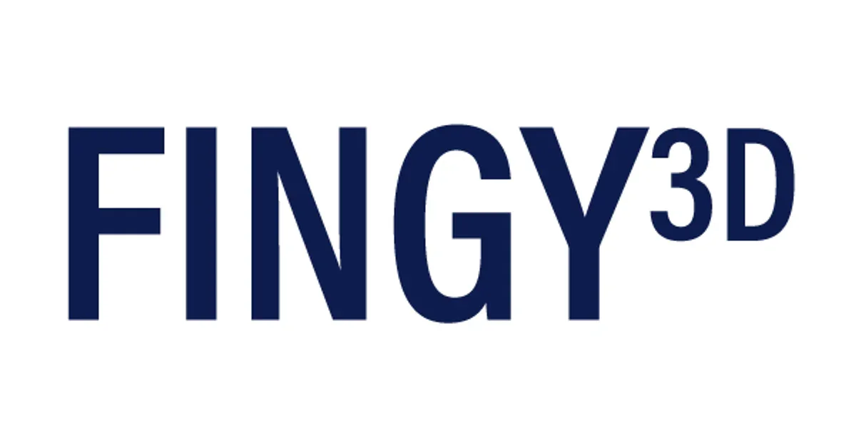 Text that reads 'FINGY3D' in dark blue font on a white background.