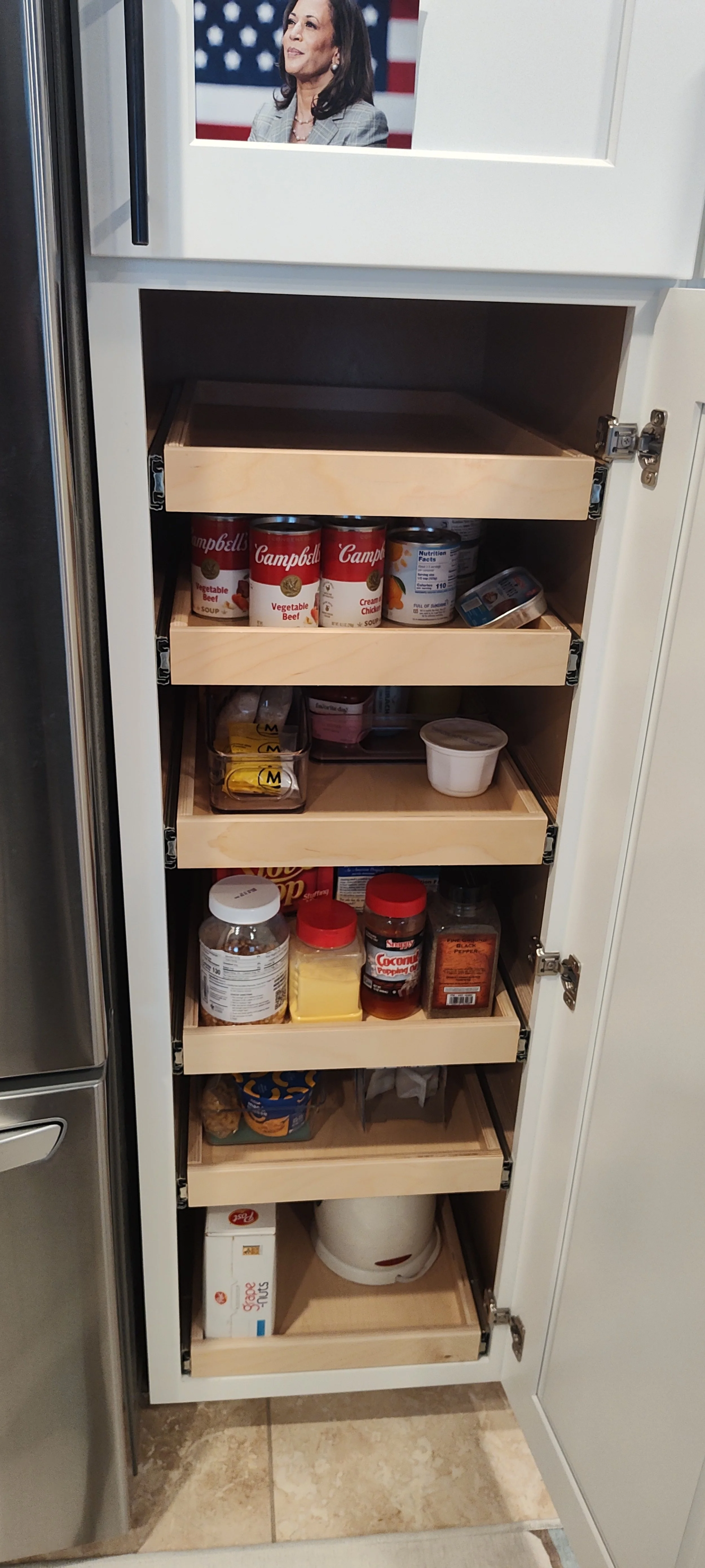 A kitchen cabinet with four wooden shelves filled with canned goods, spices, and condiments, and a box of frozen food on the bottom shelf, with a photograph of a woman on the upper cabinet door.