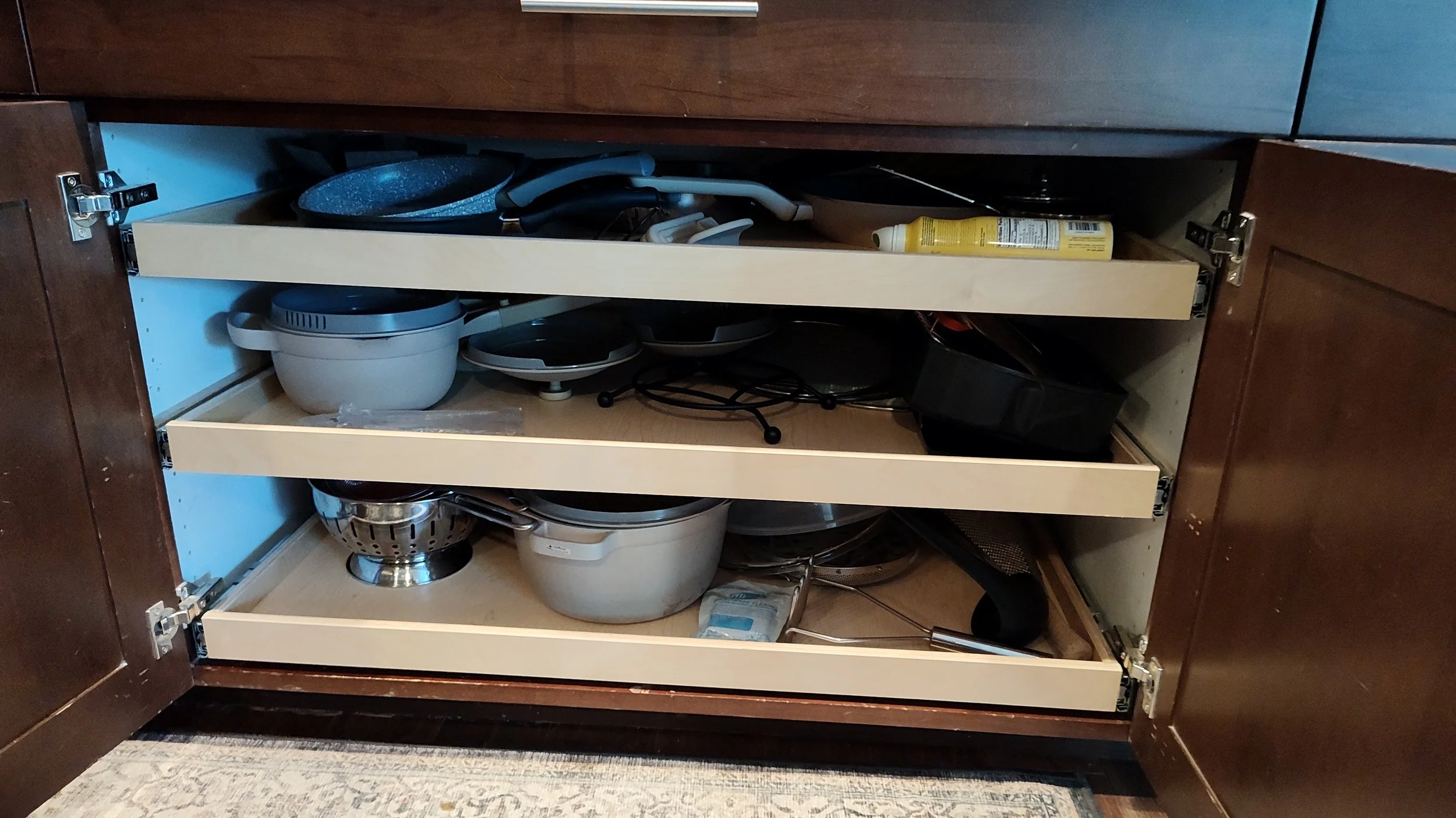 Inside a kitchen cabinet, containing various pots, pans, and kitchen utensils.
