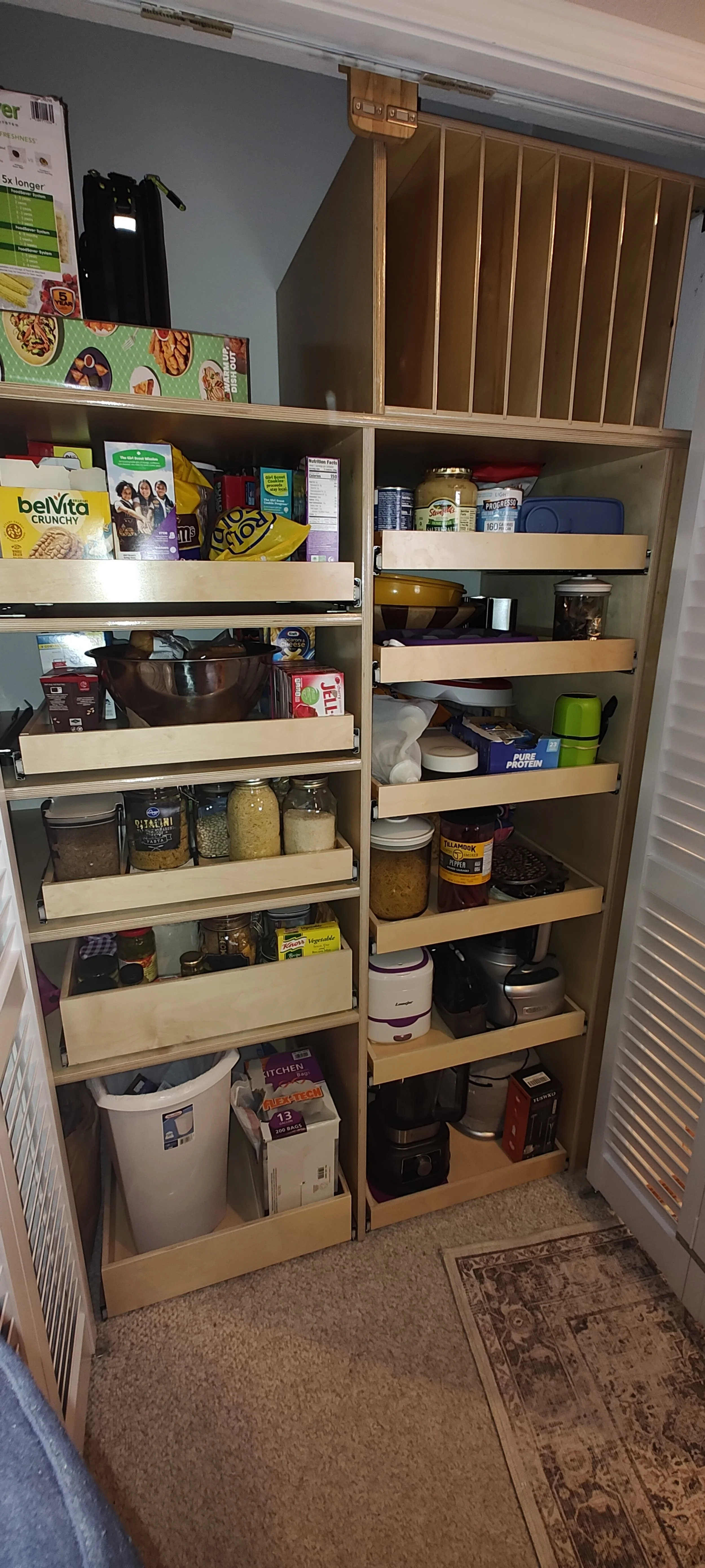 Open pantry with shelves containing food, jars, boxes, kitchen appliances, and storage containers, next to a carpeted floor and a partially visible patterned rug.
