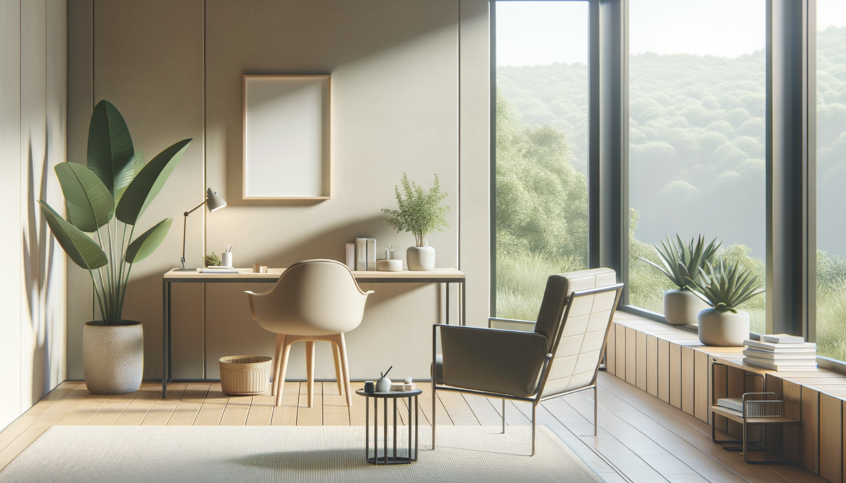 Bright modern workspace with a large window overlooking green hills, featuring a desk with a chair, a black armchair, and potted plants.