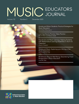 Cover of Music Educators Journal featuring a piano keyboard with soft lights in the background.