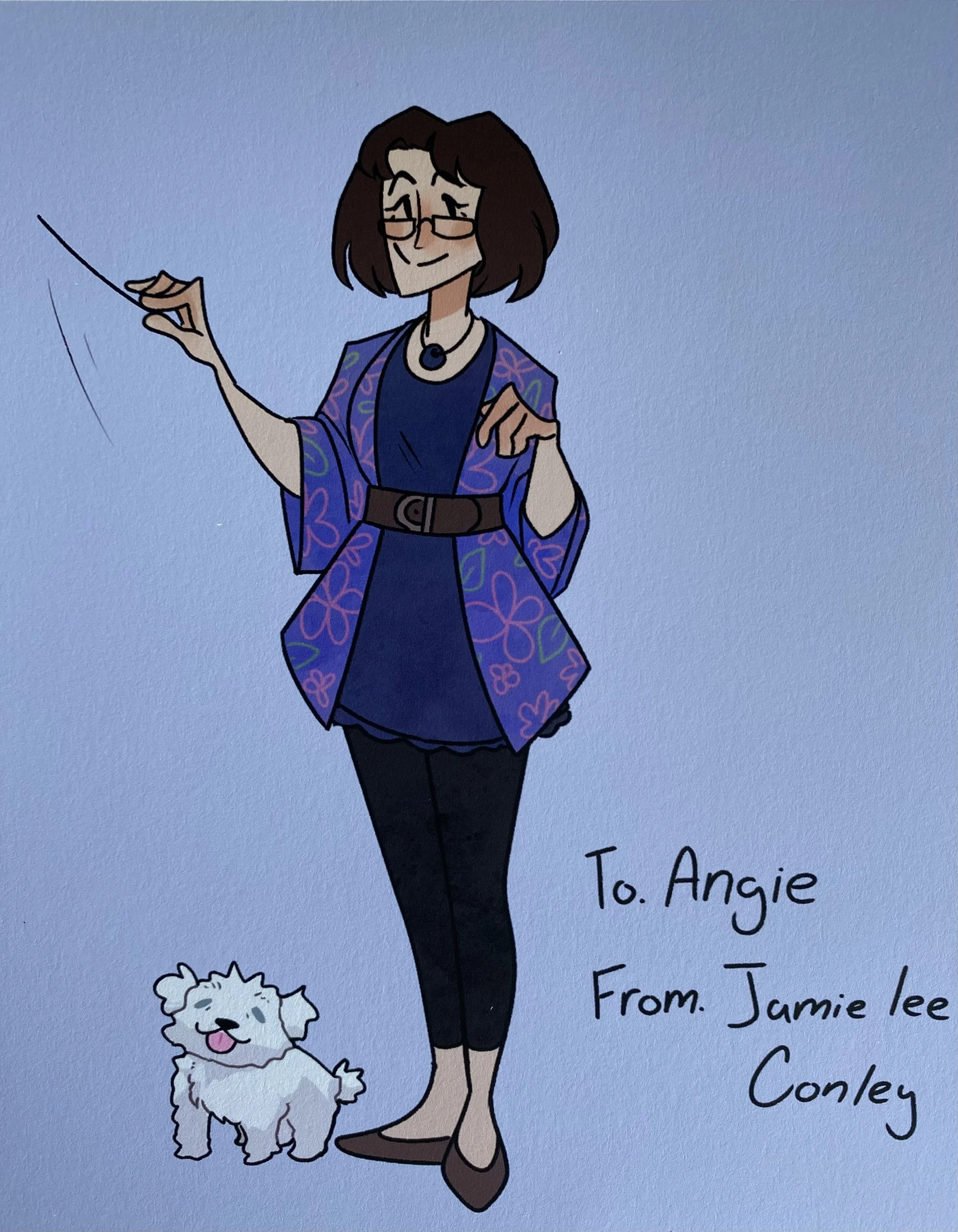Drawing of Angie conducting with her dog at her feet