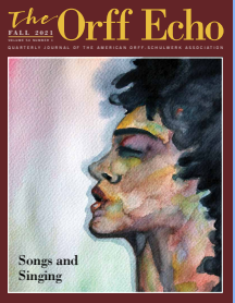 Cover of The Orff Echo journal issue titled “Songs and Singing,” featuring a watercolor portrait illustration.