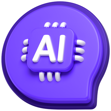 Digital icon of a speech bubble with a microchip labeled 'AI' inside, representing artificial intelligence.