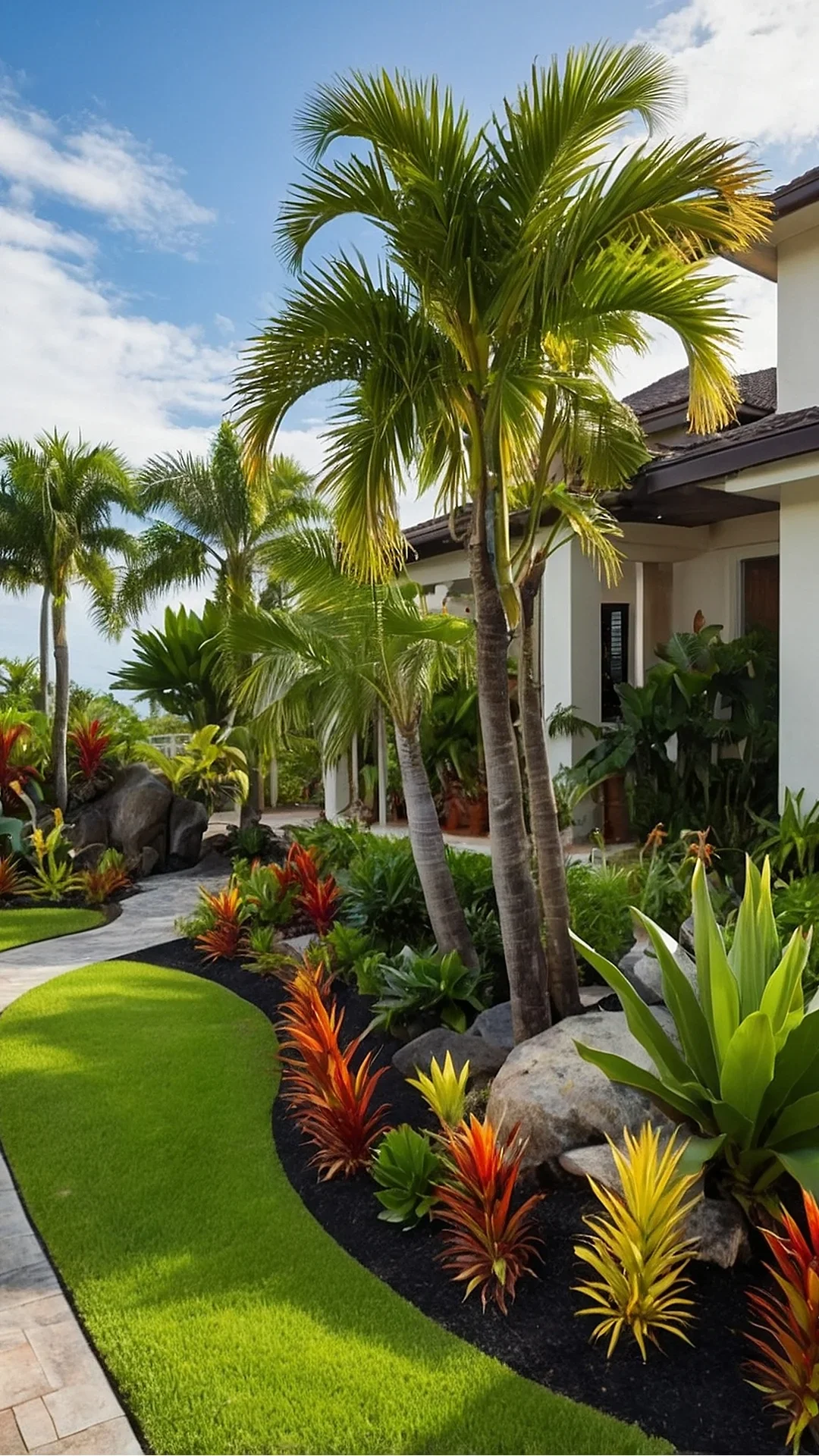 A tropical garden with palm trees, colorful plants, a stone pathway, and a white house with a dark roof in a sunny setting.