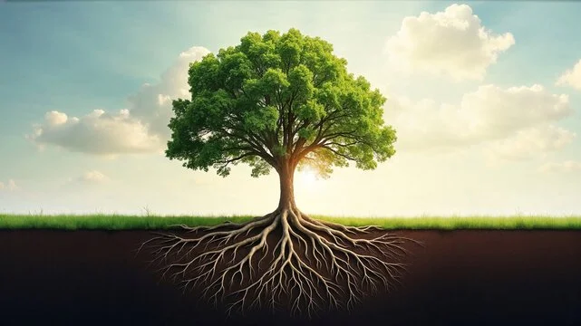 Árbol con raíces visibles en el suelo, bajo un cielo con nubes y sol, en un paisaje natural.