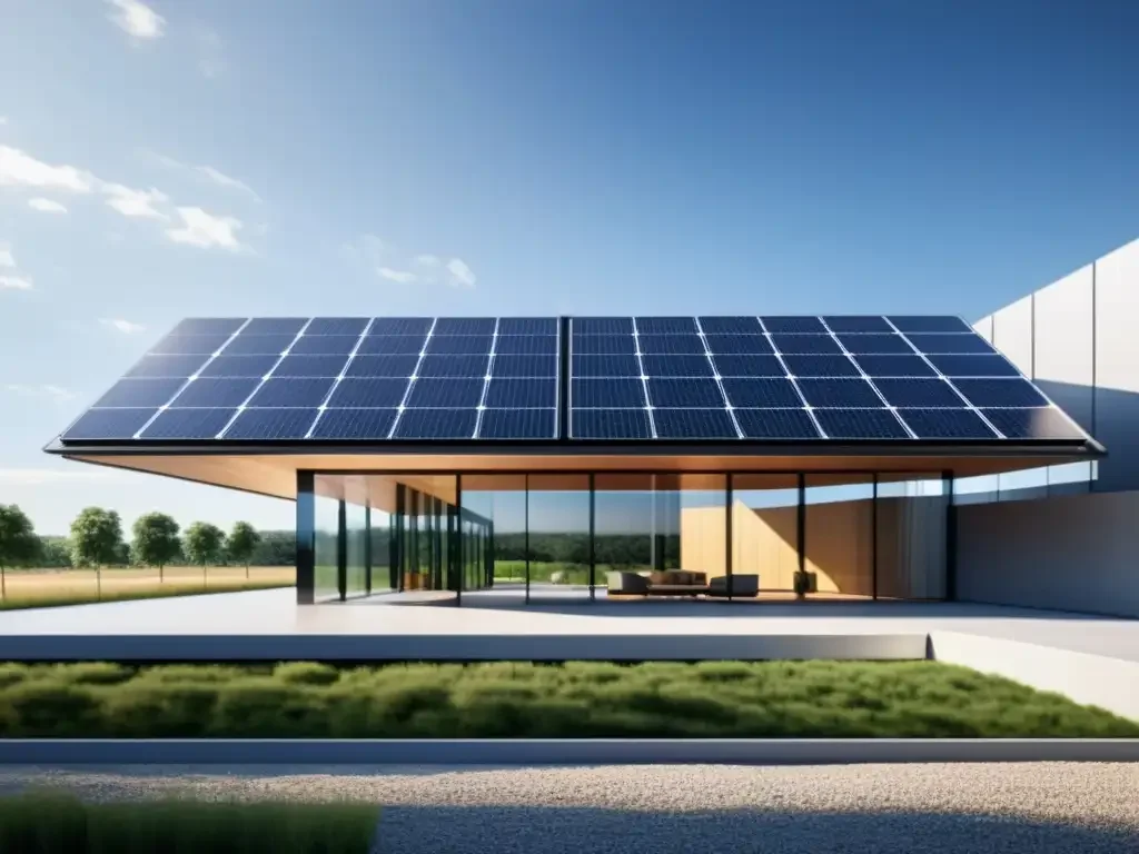 Casa moderna con paneles solares en el techo y paredes de vidrio, en un entorno rural con césped y árboles.