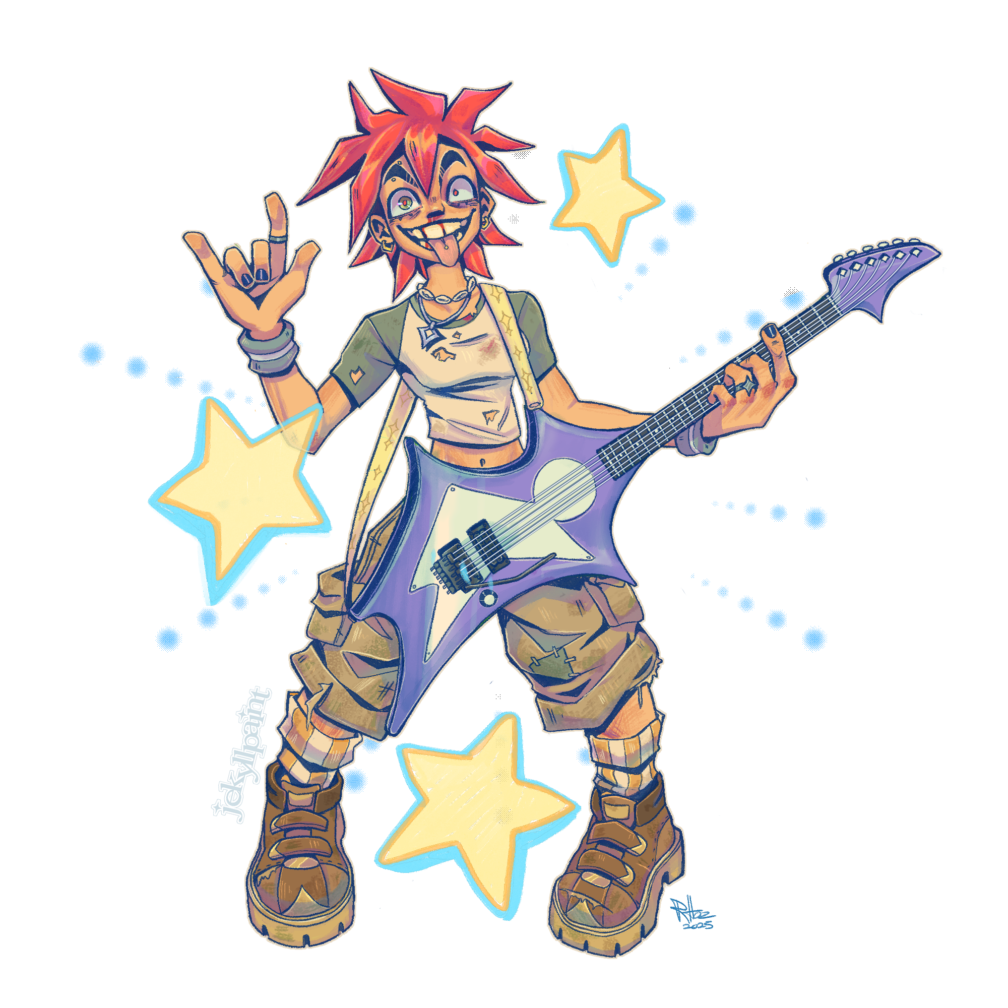 Cartoon character with spiky red hair playing an electric guitar, making a rock hand gesture, surrounded by glowing yellow stars.