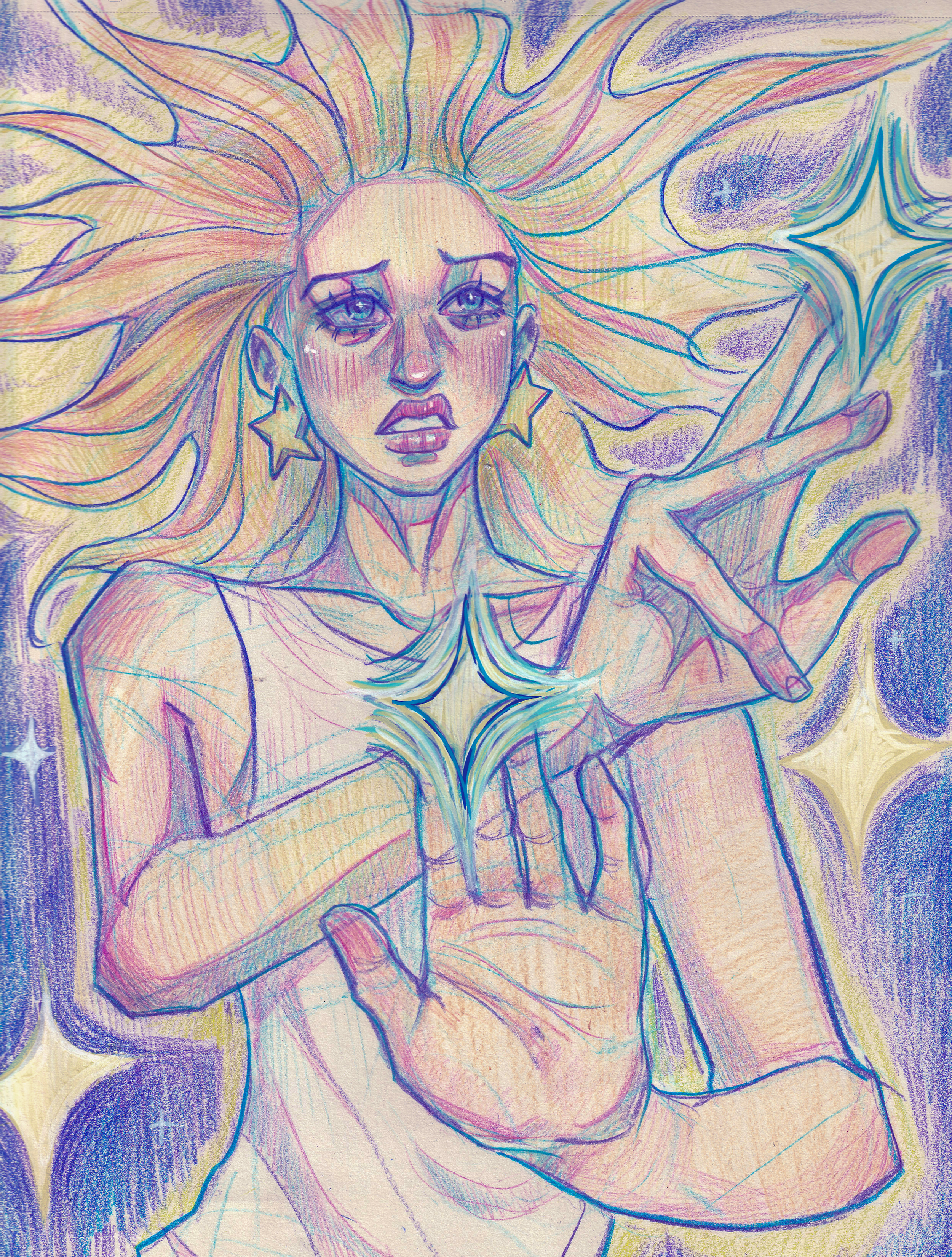 A colorful drawing of a woman with long flowing hair, star-shaped earrings, and a distressed expression, reaching out with her hand towards a glowing star surrounded by additional stars and cosmic elements.