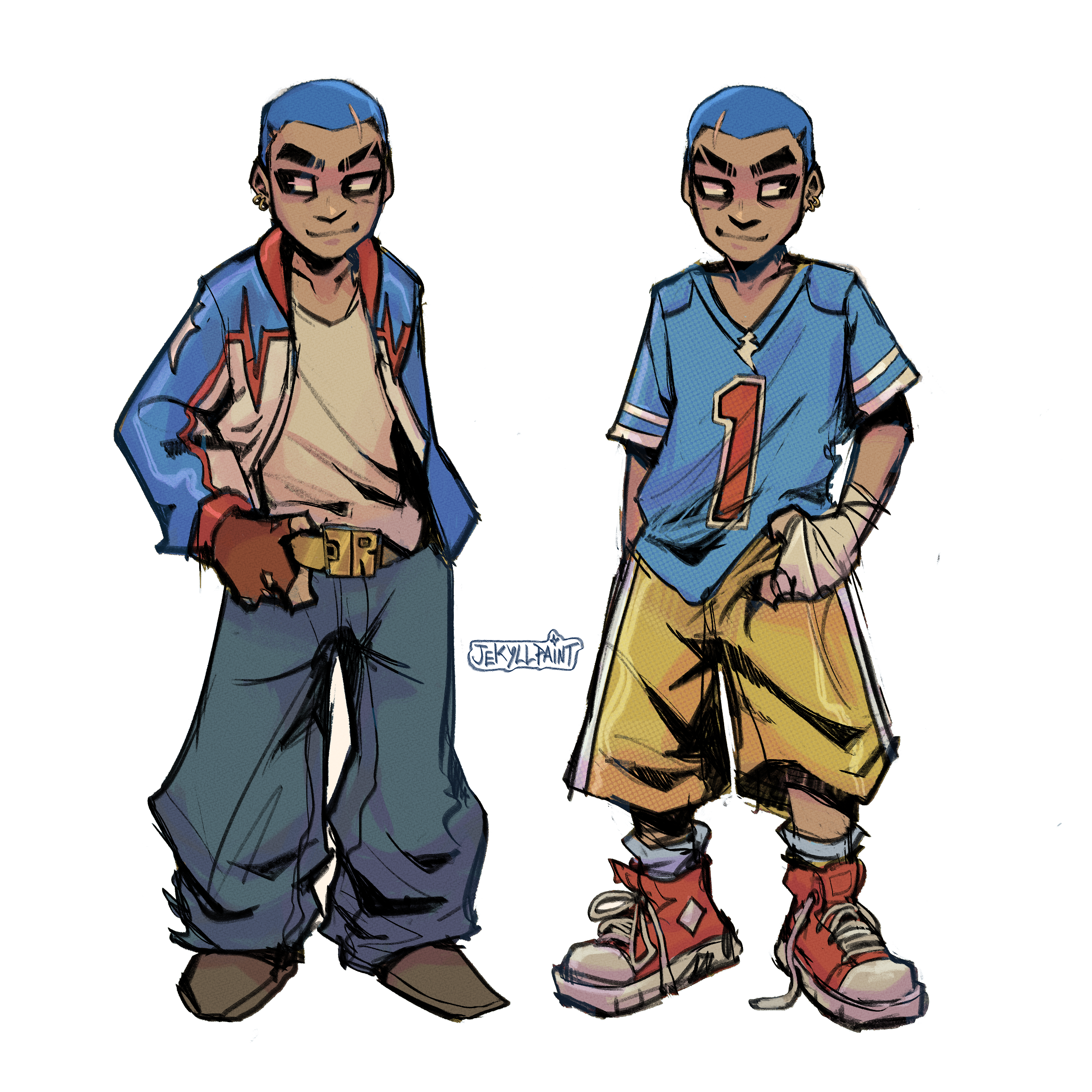 Two animated characters with blue hair and confident expressions, dressed in casual streetwear, standing side by side.