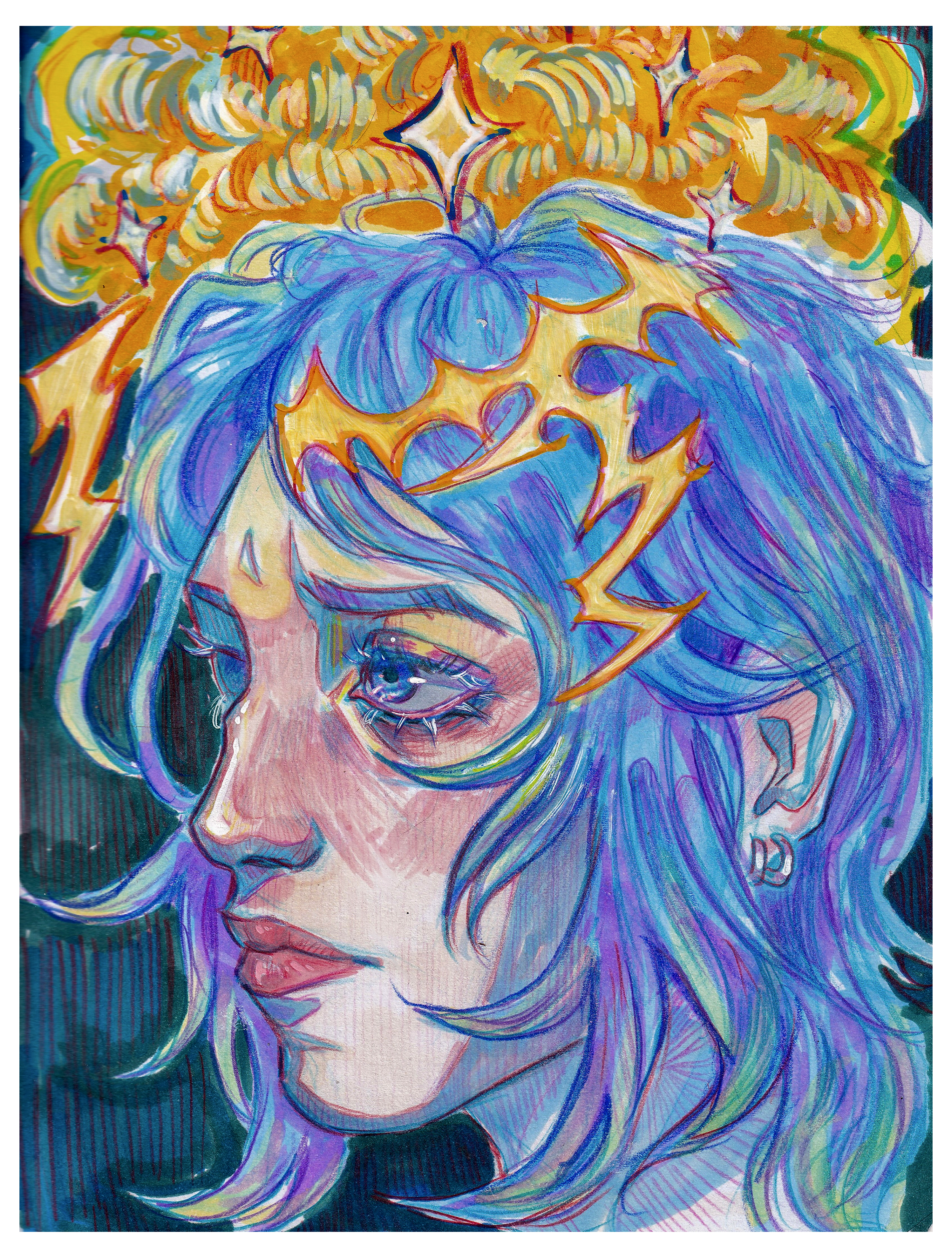 A colorful, fantasy-style illustration of a woman with flowing hair, featuring vibrant shades of blue, purple, and yellow, with star and lightning motifs.