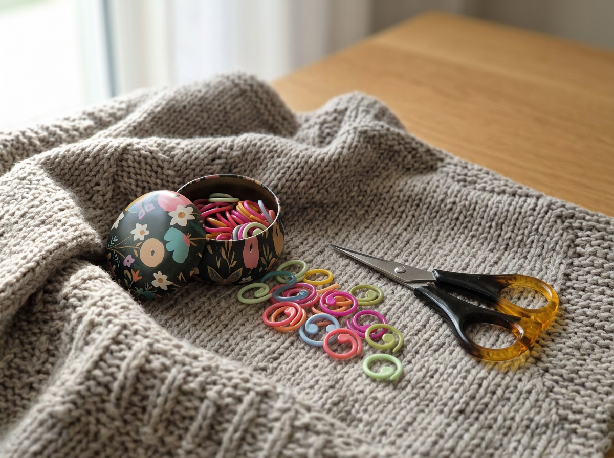 A gray, knitted blanket, a floral-patterned round tin filled with colorful rubber bands, and a pair of scissors with black handles rest on a wooden surface near a window.