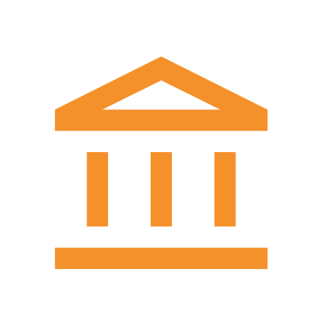 An orange icon of a classical courthouse with a triangular pediment, three columns, and a base.