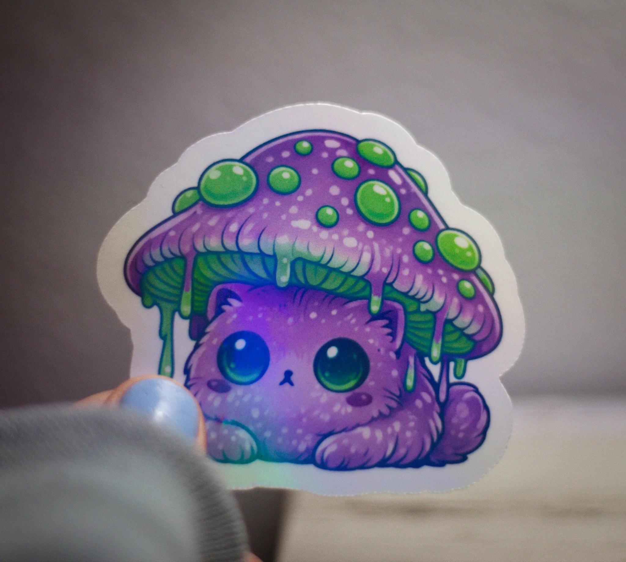 Mushroom Kitty • Holographic Vinyl Sticker • 3x3"