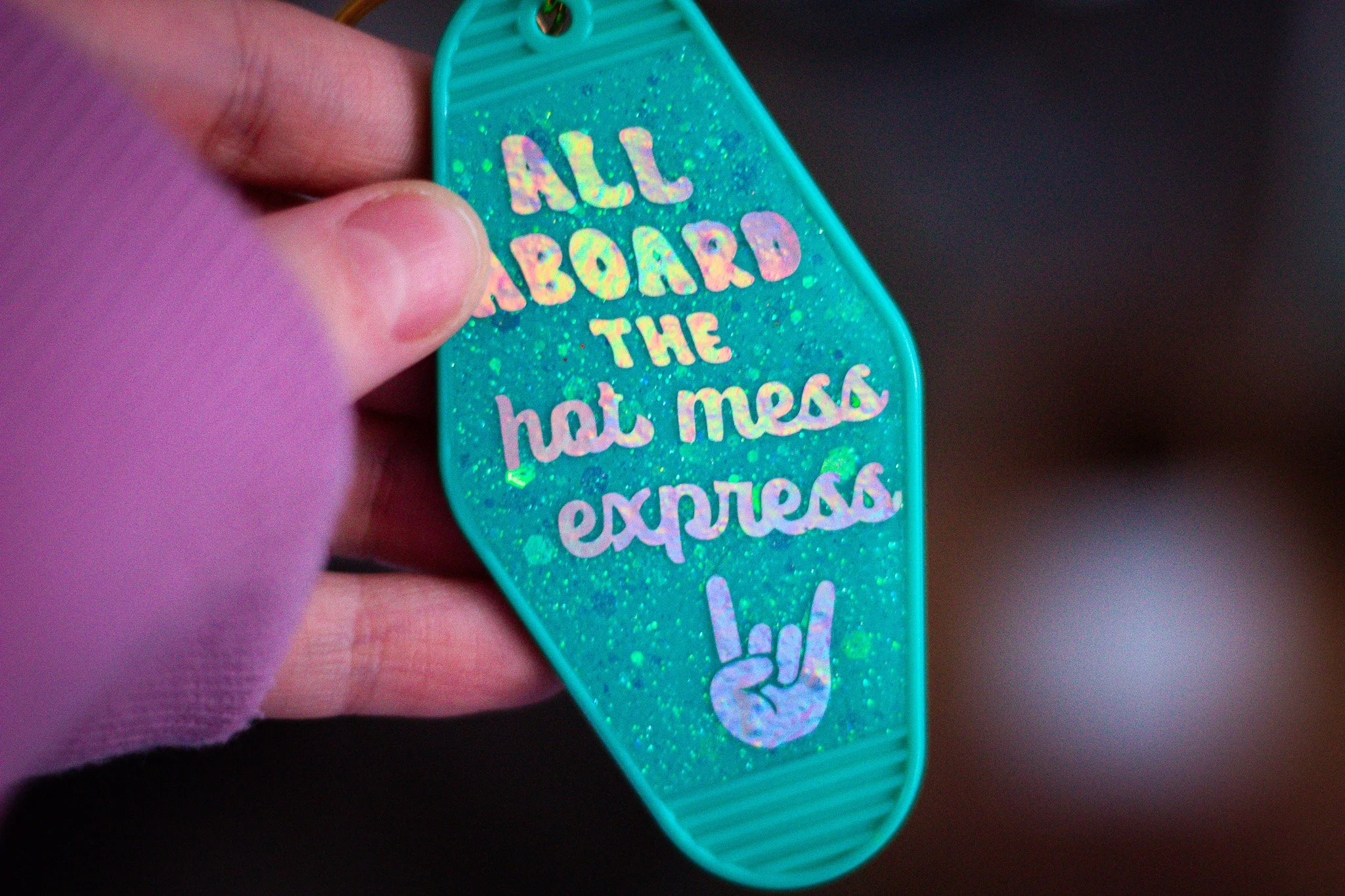 All Aboard the Hot Mess Express – Glitter Resin Motel Keychain
