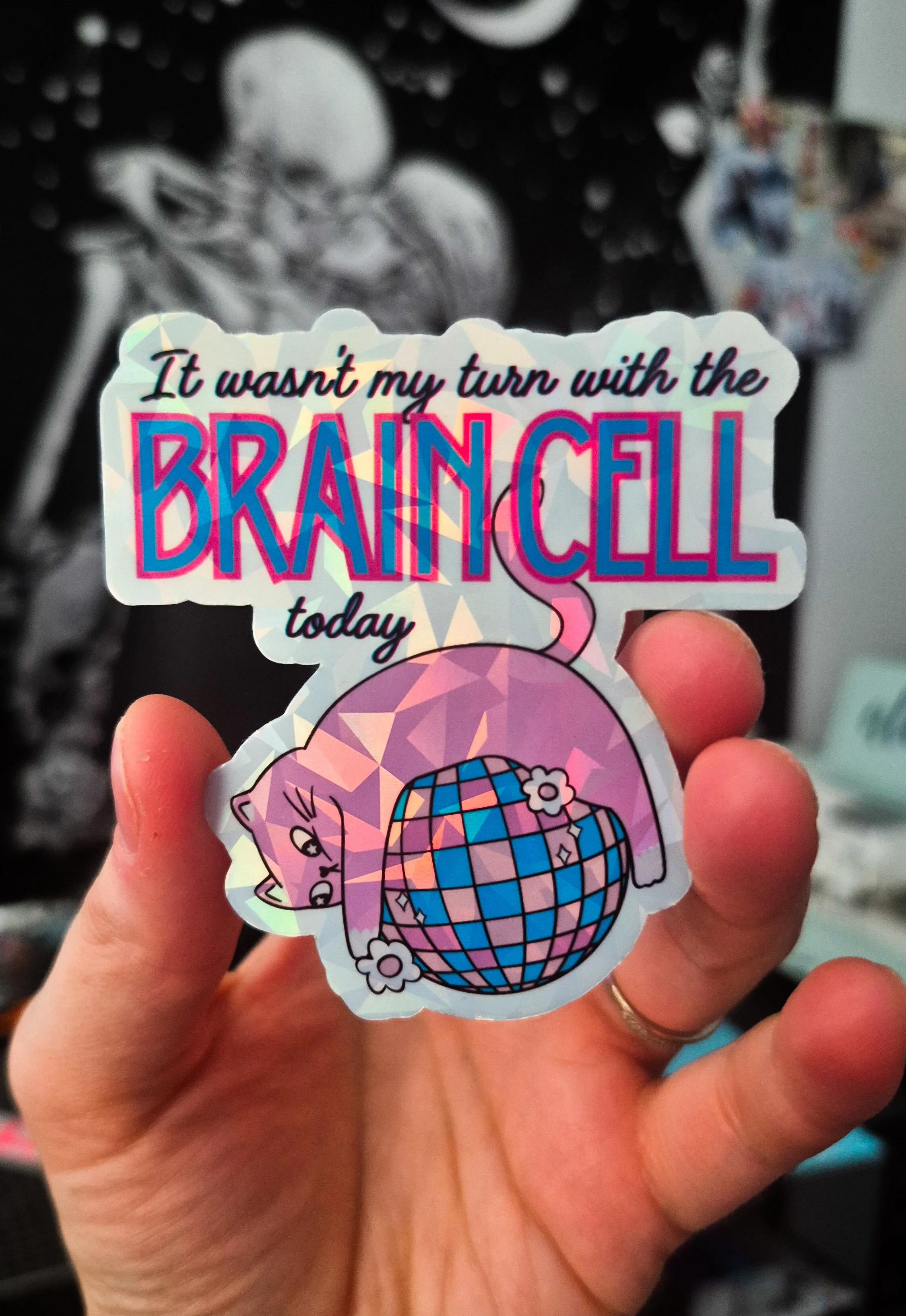 No Brain Cells — Holographic Disco Cat Sticker