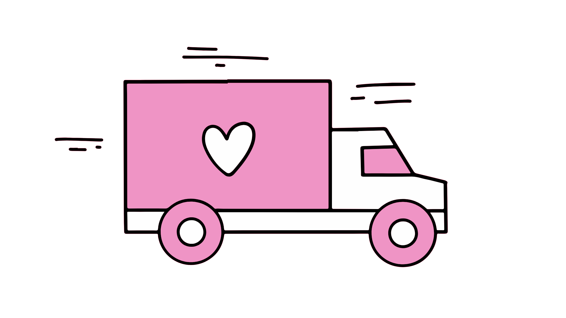 A cartoon delivery truck with pink and white colors, featuring a heart symbol on the side of the box, and pink wheels, shown in motion against a black background.