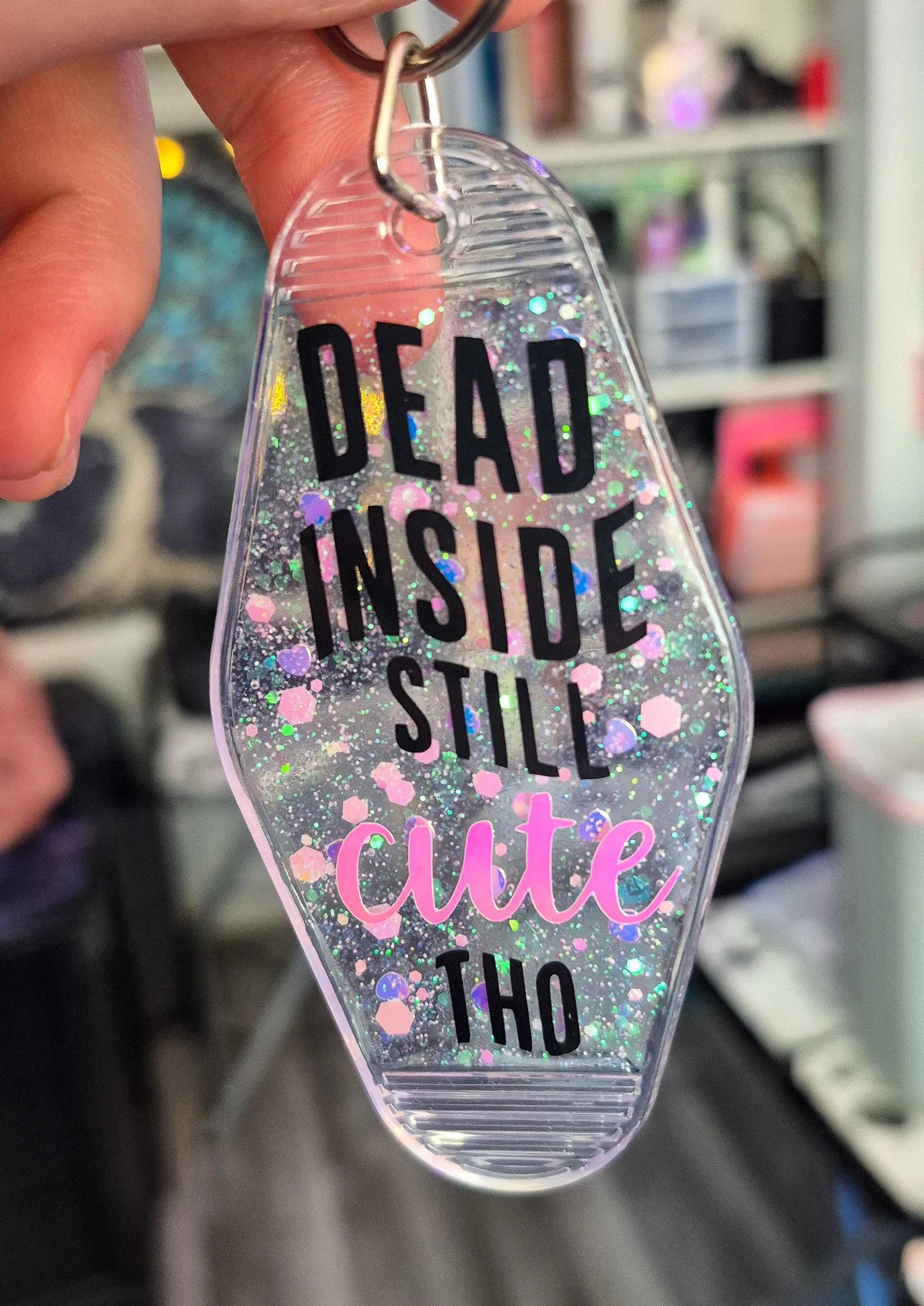 Dead Inside, Still Cute Tho – Holographic Glitter Resin Motel Keychain