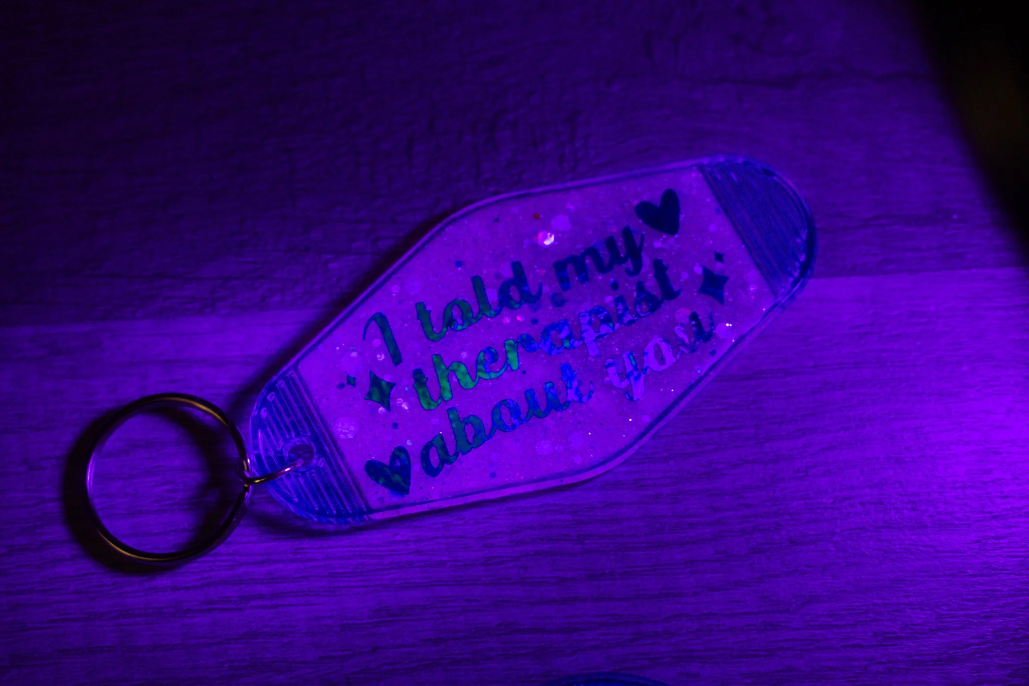 I Told My Therapist About You • Glow-in-the-Dark Glitter Resin Motel Keychain • 3.5"