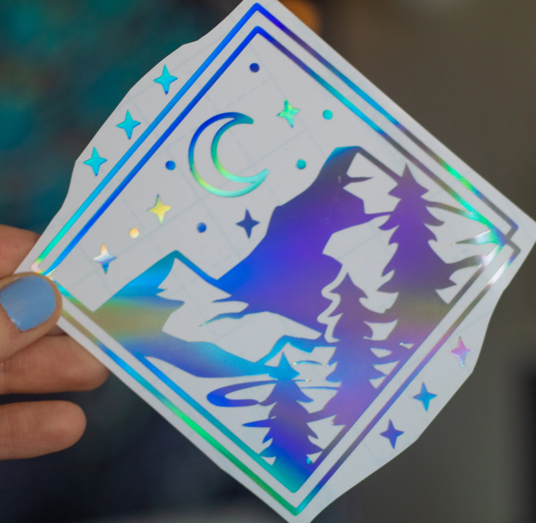 Moon Over Mountains • Holographic Vinyl Decal • 4x4"