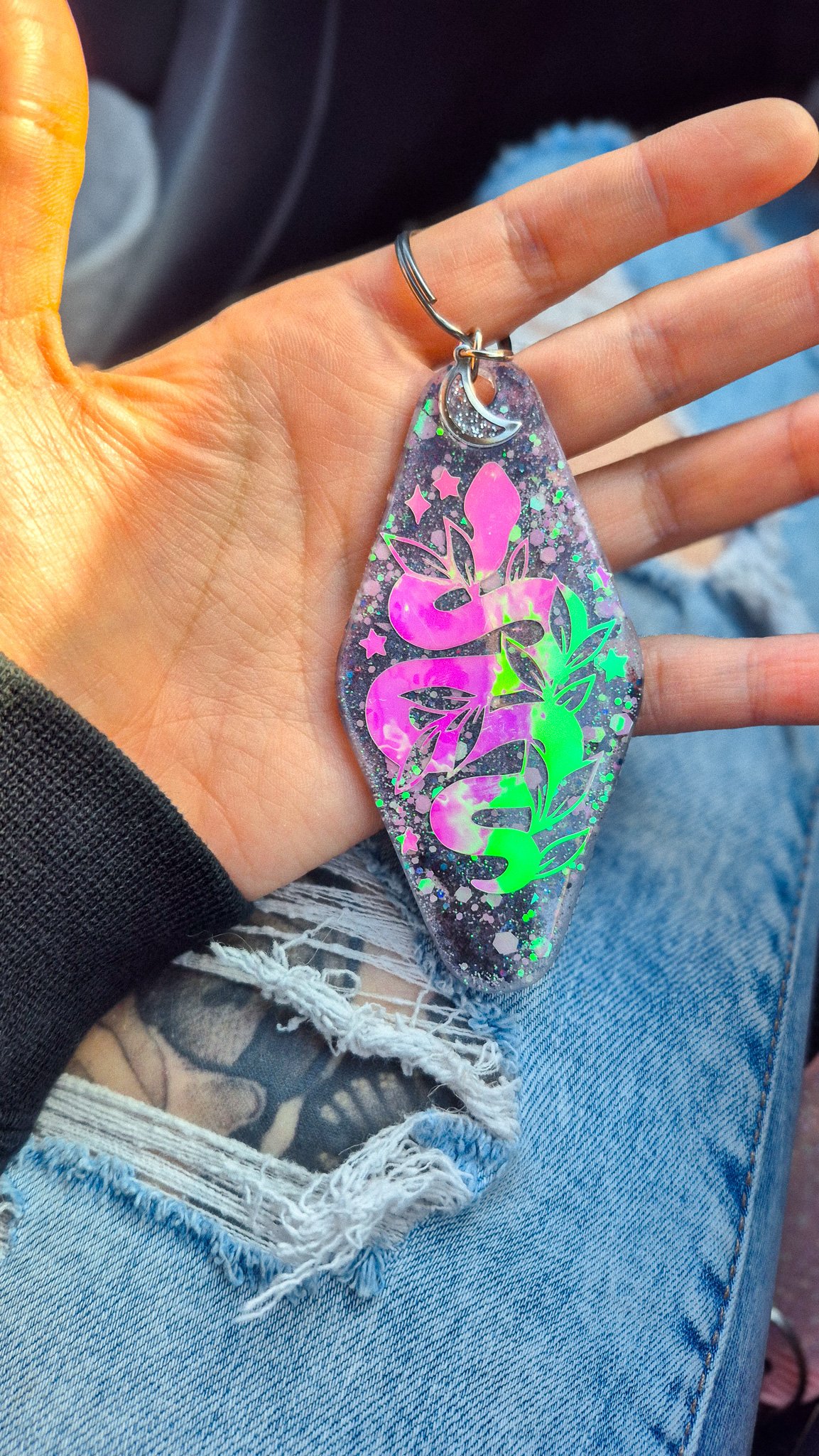 Solar Serpent – Pink & Orange Holographic Glitter Resin Motel Keychain