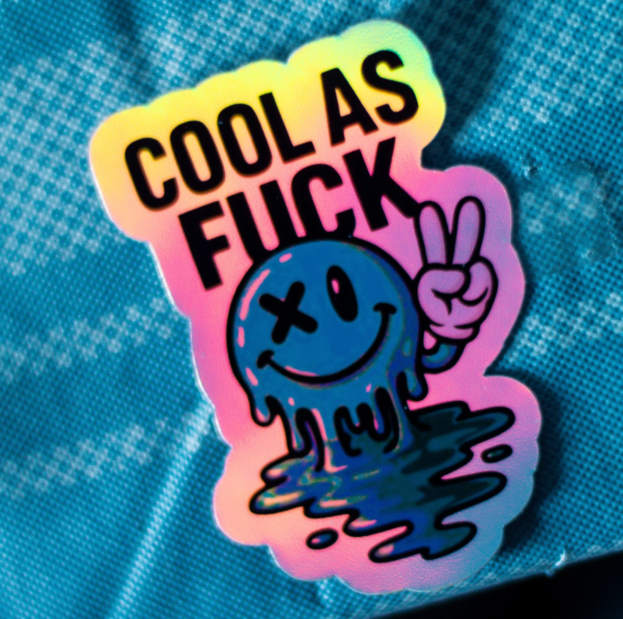 “Cool As F*ck” Holographic Smiley Sticker – Drippy Retro Peace Sign