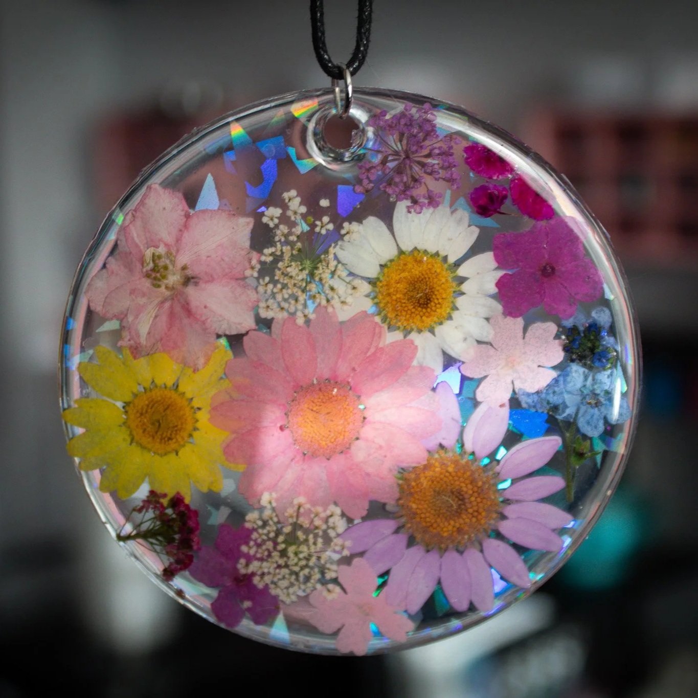 Sunspell Florals | Holographic Suncatcher With Dried Flowers | 3.5"