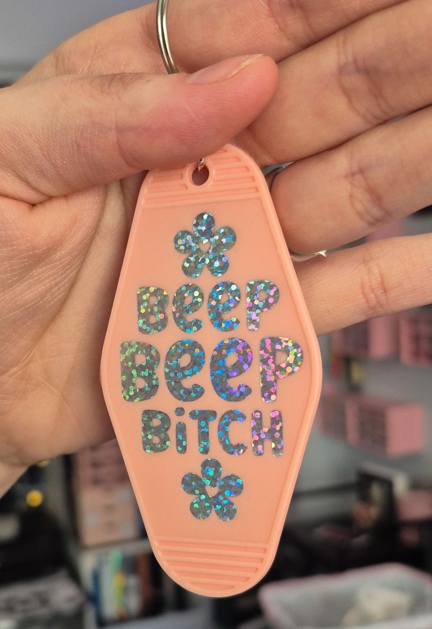 Beep Beep B*tch – Silver Star Glitter Resin Motel Keychain