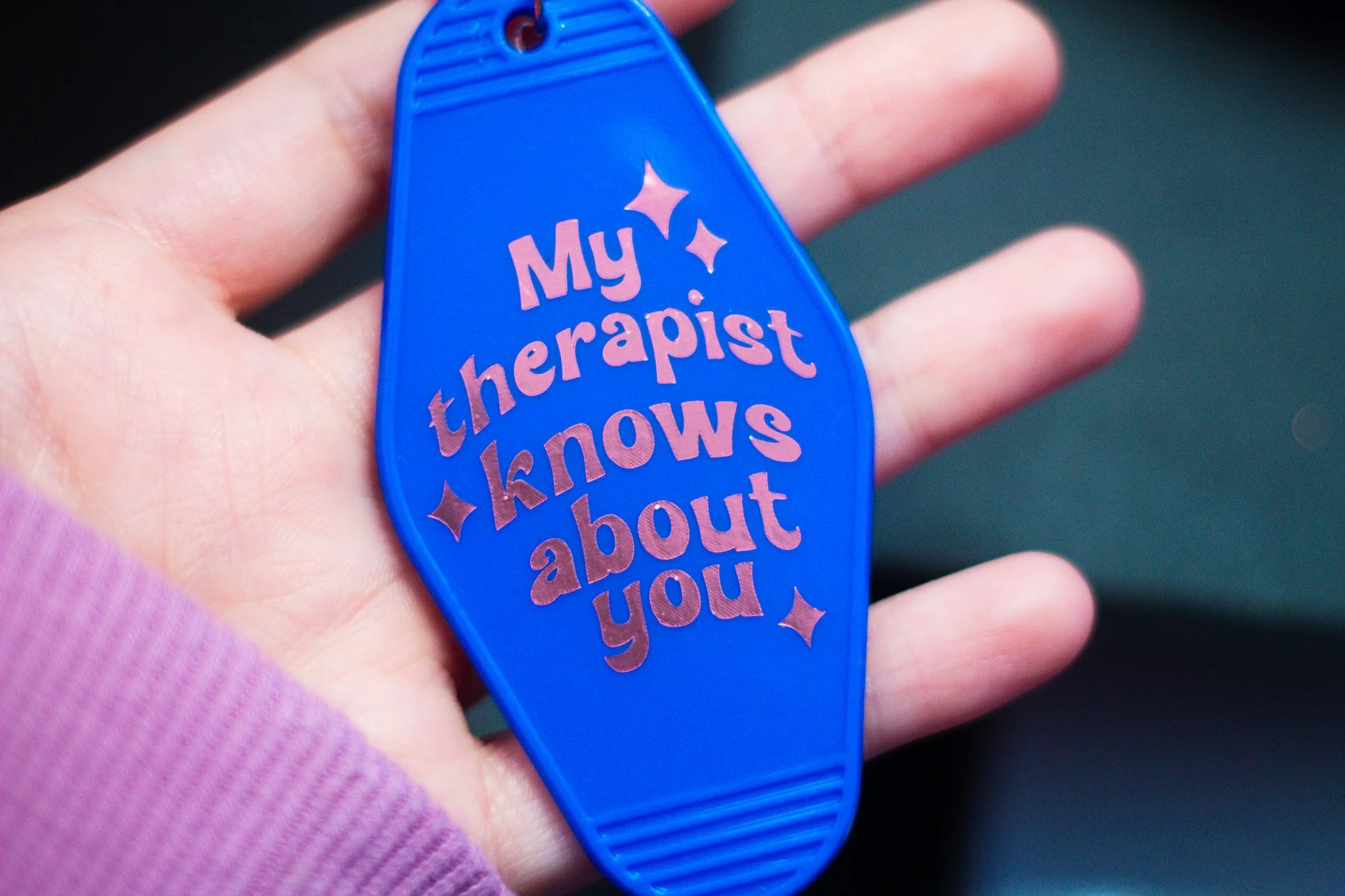 My Therapist Knows About You – Blue Glitter Motel Keychain