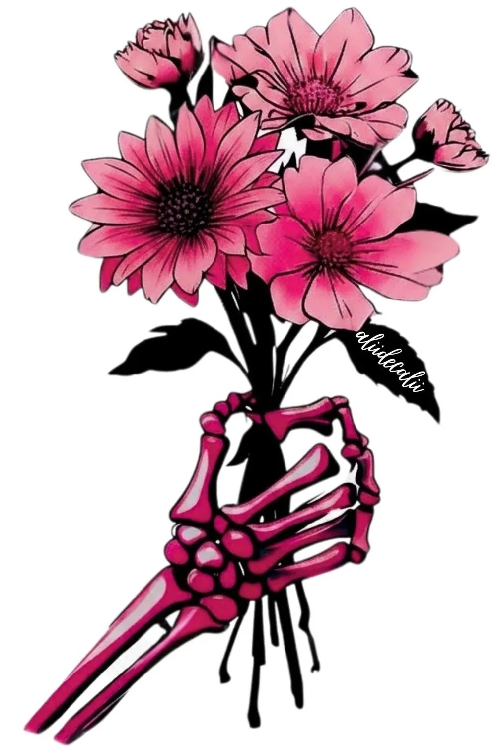 An illustration of a pink skeleton hand holding a bouquet of pink flowers with black leaves. The bones of the hand are visible and painted pink. The artwork is signed with the name aliidecalii