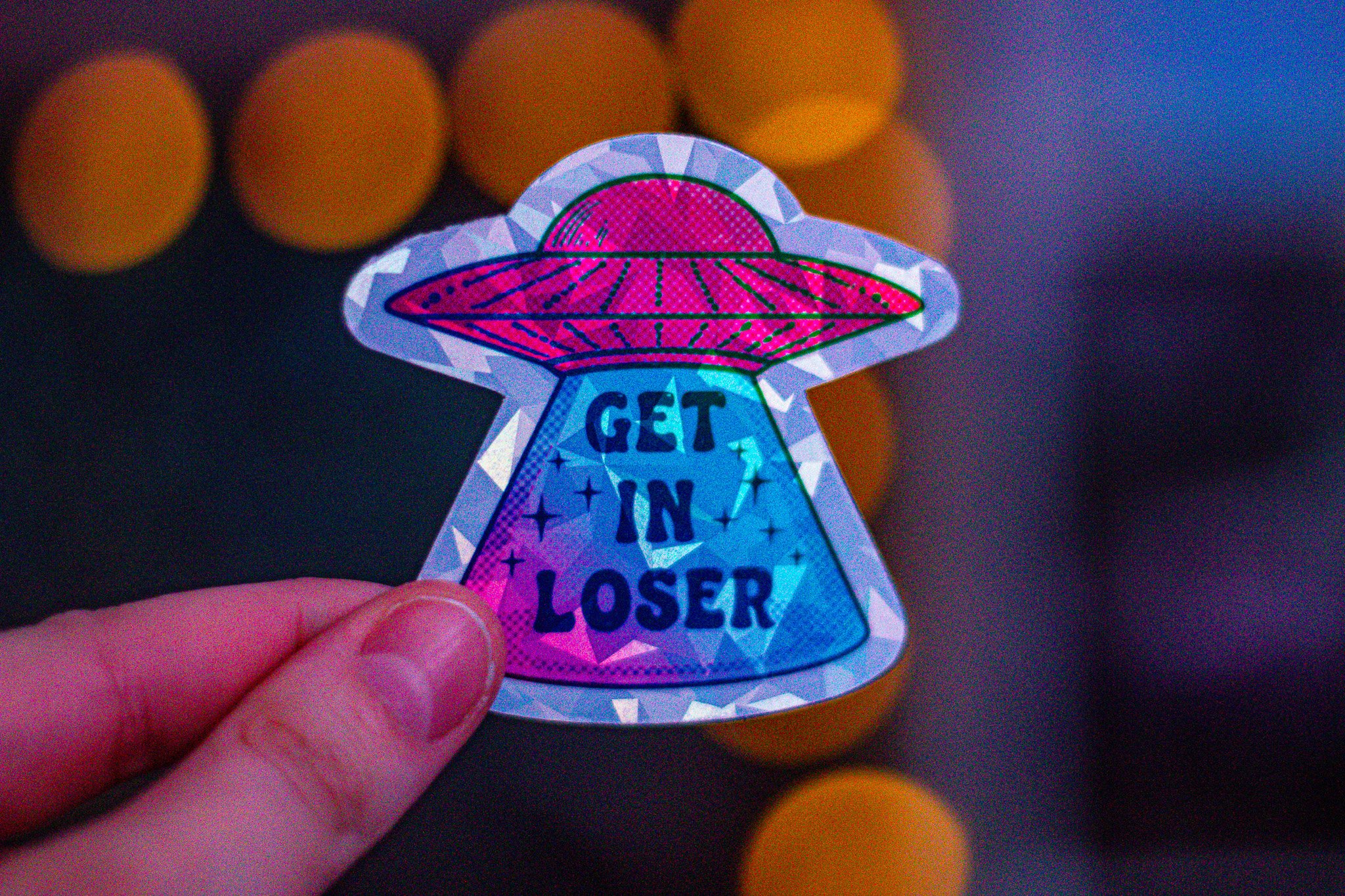 Get In Loser UFO – Shattered Glass Holographic Sticker