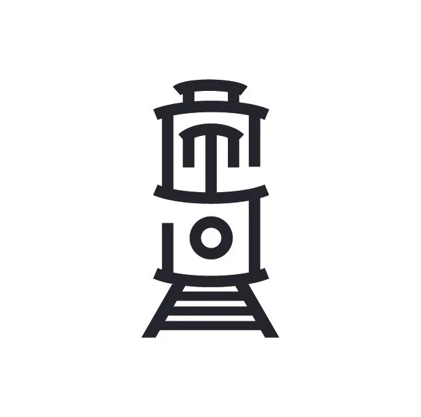 Line drawing of a train engine on tracks.