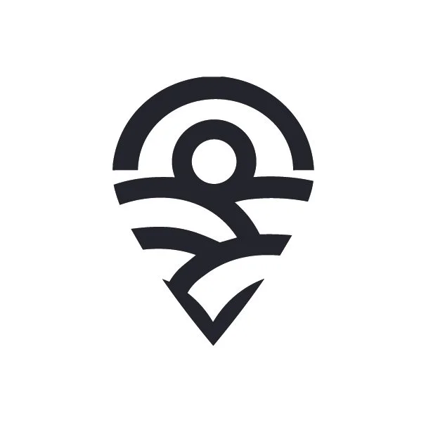 A black and white logo with a stylized sun, a circle, and curved lines resembling a landscape or map marker.