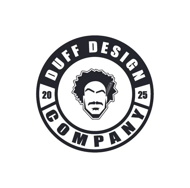Black and white circular logo for DUFF Design Company, featuring a stylized man's face with afro hairstyle and mustache in the center, with the company name around the circle and the year 2025.