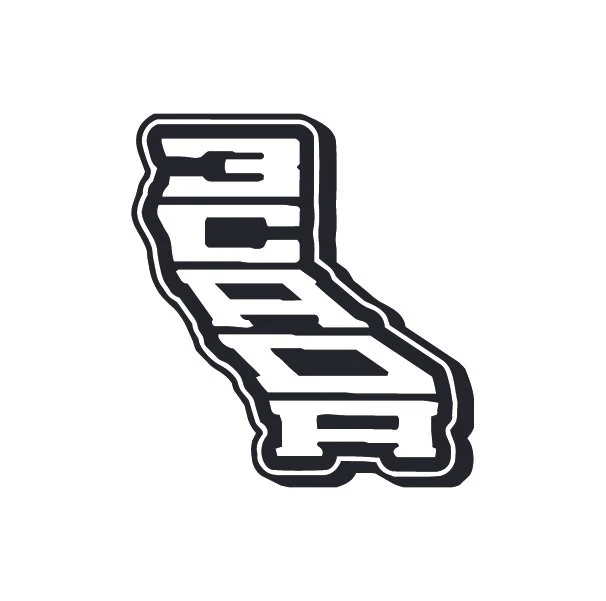 Outline drawing of the state of California with a stylized depiction of a name laid over it.