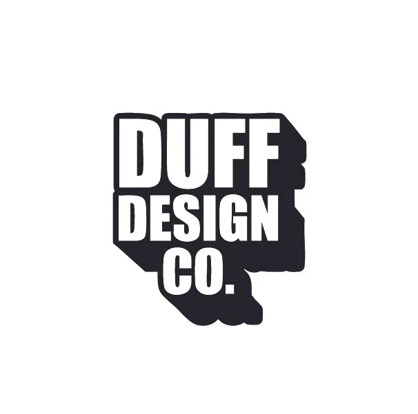 Logo of DUFF DESIGN CO. with black text in a speech bubble shape.