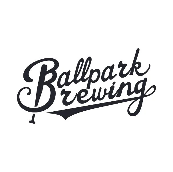 Logo for Ballpark Brewing with stylized script font and a small baseball bat icon.