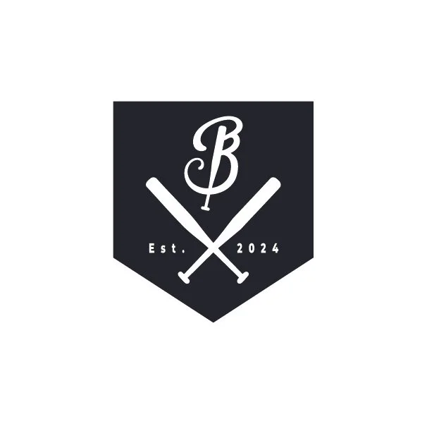 A black badge with white text and graphics, featuring a stylized letter 'B', two crossed baseball bats, and the text 'Est. 2024.'