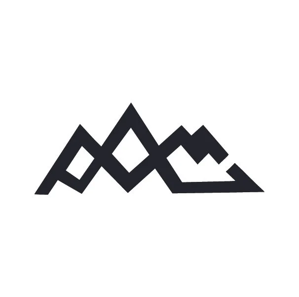 Minimalist black mountain peaks icon on white background