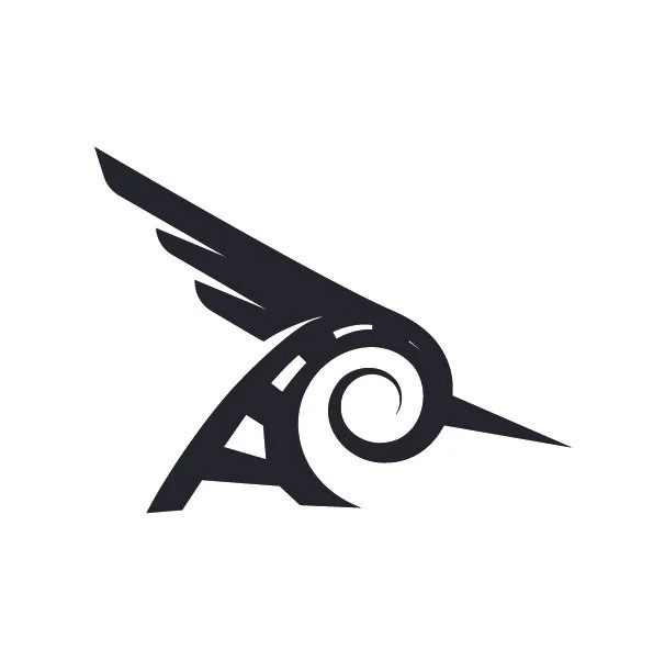 Black and white stylized logo of a bird with a spiral wing and a pointed beak.
