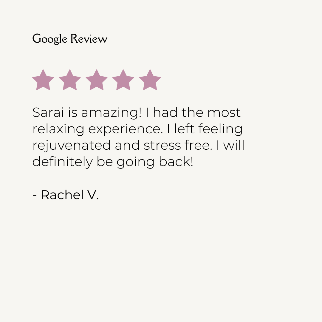 Screenshot of a Google review with a five-star rating, praising Sarai, followed by a positive testimonial from Rachel V.